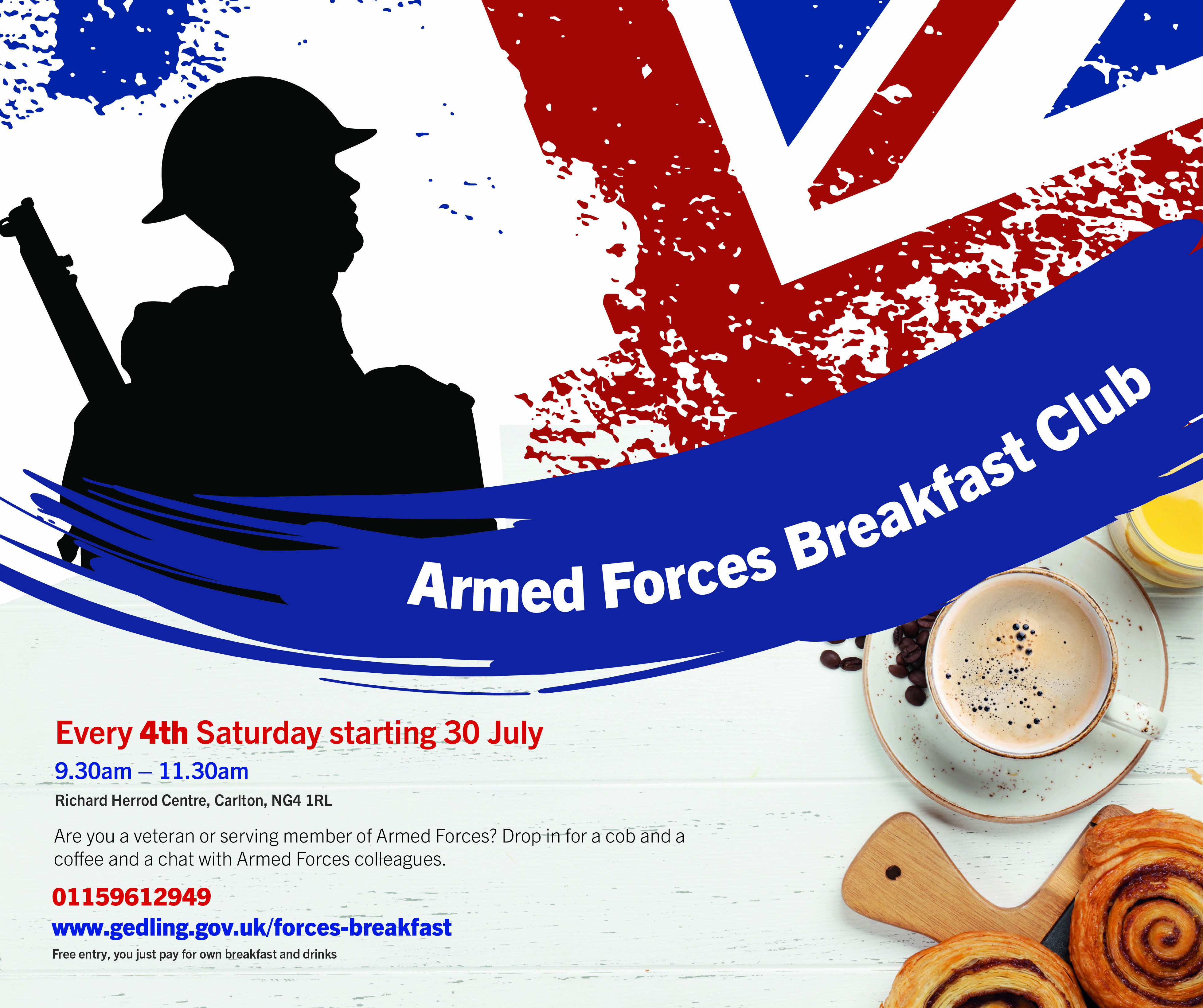 Soldier silhouette and the details of the event with a British flag and a cup of coffee